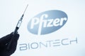 Illustrative editorial Pfizer and Biontech COVID-19 vaccine Royalty Free Stock Photo