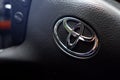 Illustrative editorial of Toyota Logo on the steering wheel of the car. KHARKIV, UKRAINE - 18 May, 2020