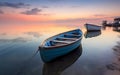 Illustrative figure of small fishing boats moored near the coast. Sunset light. Generative AI. Royalty Free Stock Photo