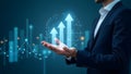 Hyper-realistic image of a businessman with growth symbols and digital elements Royalty Free Stock Photo