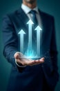 Hyper-realistic image of a businessman with growth symbols and digital elements Royalty Free Stock Photo