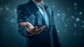 Hyper-realistic image of a businessman with growth symbols and digital elements Royalty Free Stock Photo