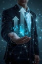 Hyper-realistic image of a businessman with growth symbols and digital elements Royalty Free Stock Photo