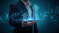 Hyper-realistic image of a businessman with growth symbols and digital elements Royalty Free Stock Photo