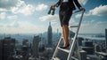 Strategic Vision: Elegant Businesswoman with Binoculars on a Ladder Royalty Free Stock Photo
