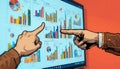 Cartoon Hands Analyzing Digital Data Dashboard with Charts Royalty Free Stock Photo