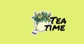 Illustrative image of flowers with tea bag in cup and tea time text against green background Royalty Free Stock Photo