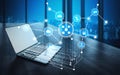 Futuristic Laptop with Network Connection Illustration and Digital Icons Representing Technology, Data, and Royalty Free Stock Photo