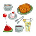 an illustrative image showing several types of food, drinks and desserts