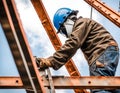 illustrative image of work on construction sites, workers with helmet and protection for steel welding Royalty Free Stock Photo