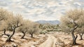 Illustrative Landscape: Olive Trees And Mountains In Picasso Style