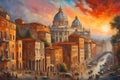 Illustration painting of Rome landscape, Italy.