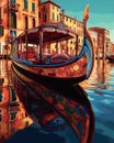 Illustrative painting of the city of Venice. A canal with a gondola. Generative AI.