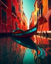 Illustrative painting of the city of Venice. A canal with a gondola. Generative AI.