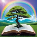 An illustrative painting of a fantastic bonsai coming out of an open book