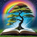 An illustrative painting of a fantastic bonsai coming out of an open book