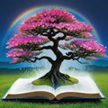 An illustrative painting of a fantastic bonsai coming out of an open book