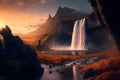 Illustrative painting of a landscape with a beautiful waterfall. Autumn atmosphere.