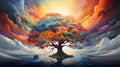 Illustrative painting of a large tree in a multicolored surreal landscape. Generative AI.