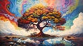 Illustrative painting of a large tree in a multicolored surreal landscape.