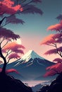 Illustrative painting of Mount Fuji, famous and iconic mountain in Japan. Landscape with trees and mountains.