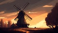 Illustrative painting of an old windmill in a rural landscape. Generative AI.