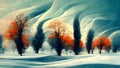 Illustrative Painting Of A Winter Scene With Trees And Snow. Generative AI.