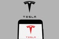 In this illustrative photo you can see the logo of Tesla Inc. on screen of a smartphone