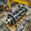 Heavy Industry inside: Mechanics work on large crankshaft.