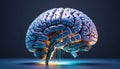 Illustrative representation of a human brain modified with technology and microelectronics, artificial intelligence and the