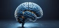Illustrative representation of a human brain modified with technology and microelectronics, artificial intelligence and the