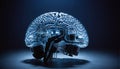 Illustrative representation of a human brain modified with technology and microelectronics, artificial intelligence and the