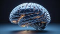 Illustrative representation of a human brain modified with technology and microelectronics, artificial intelligence and the