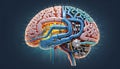 Illustrative representation of a human brain modified with technology and microelectronics, artificial intelligence and the