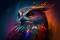 Illustrative surreal design of an owl. Multicolored painting. Generative AI.