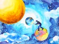 Illustrator artist man painting world moon universe abstract Royalty Free Stock Photo