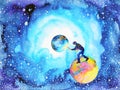 Illustrator artist man painting world moon universe abstract watercolor painting Royalty Free Stock Photo