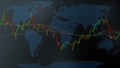 Illustrator candlestick and moving average line of stocks chart on world map and dark blue background