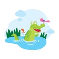 Happy green crocodile in swamps with friends