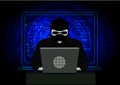Man wearing balaclava and hacker number on keyboard while using laptop at desk
