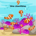 Illustrator of number with nine clown fish Royalty Free Stock Photo