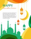 Ramadhan Kareem Islamic design greeting card template with hanging lanterns, cresent moon, mosque and colorful abstract background