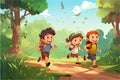 vector illustration of merry children hurry on a path