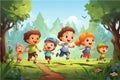 vector illustration of merry children hurry on a path