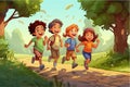 vector illustration of merry children hurry on a path