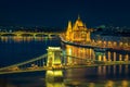 Iluminated Chain bridge and Parliament building at night, Budapest, Hungary