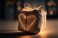 Iluminated gift with magical special effects lights on warm background. Generative AI Royalty Free Stock Photo