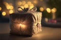 Iluminated gift with magical special effects lights on warm background. Generative AI Royalty Free Stock Photo