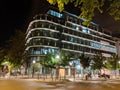 Iluminated modern building night scene Boulogne Billancourt, France Royalty Free Stock Photo