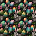 Ilustrated pattern with rainbow easter eggs and rabbits. Royalty Free Stock Photo